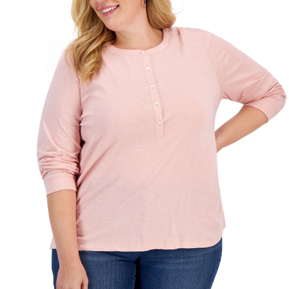 NEW! Style & Co Knit Shirt Pink Plus 1X $49.50 Long Sleeve 5 Buttons 100% Cotton